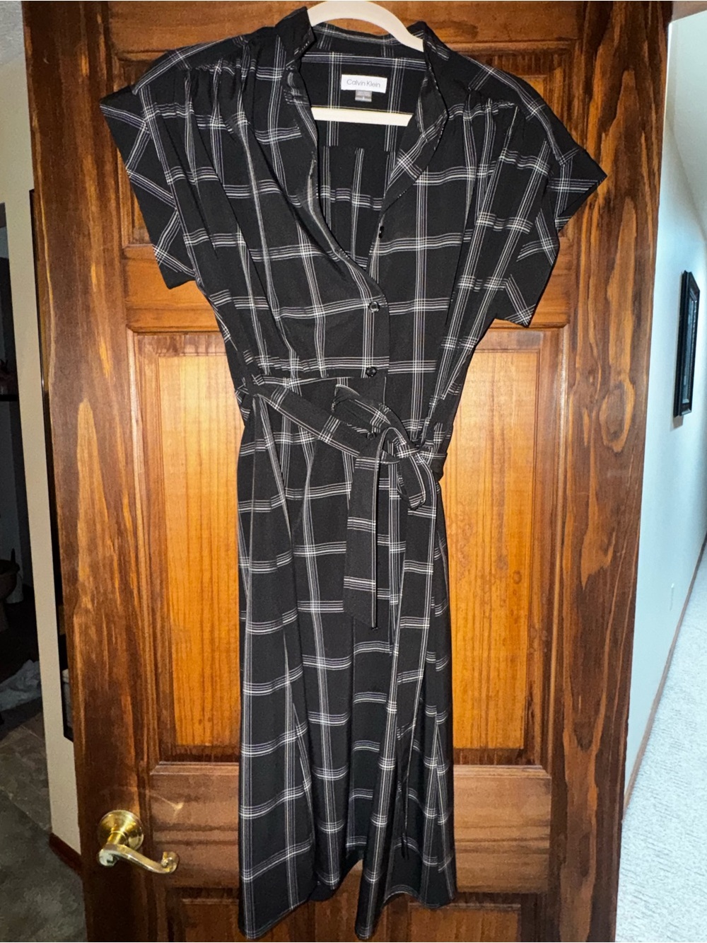 Calvin Klein Black Plaid Midi Shirt Dress with Waist Tie